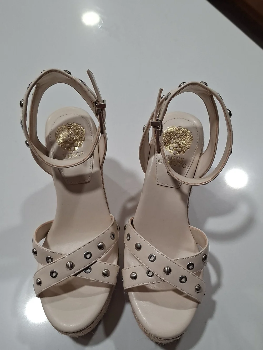 Vince Camuto Cream Studded Ankle-Strap Wedge Sandals